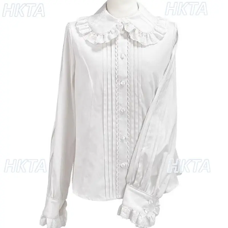 เสื้อเชิ้ตสีขาวลูกไม้หวานสไตล์คาวาอี้ อเนกประสงค์ สำหรับฤดูใบไม้ร่วงและฤดูหนาว น่ารัก ผ้าฝ้าย จีบ แขนยาว คอตุ๊กตา สไตล์โลลิต้า เสื้อตัวในสำหรับผู้หญิง