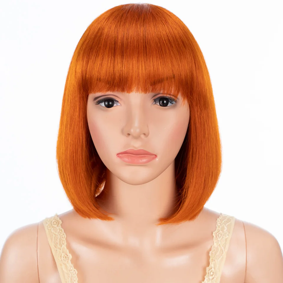 99J Red Colored Human Hair Wigs With Bangs 100% Real Ready To Wear Brazilian Hair Wigs For Women Orange Cosplay Human Hair Wigs