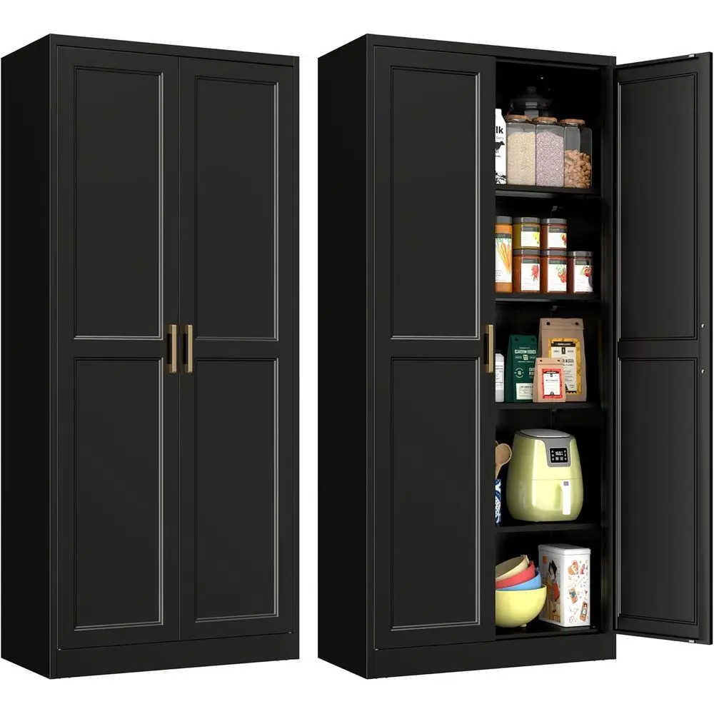 

71 Tall Metal Kitchen Pantry Cabinet with Adjustable Shelves, Black, for Storage in Living & Dining Rooms