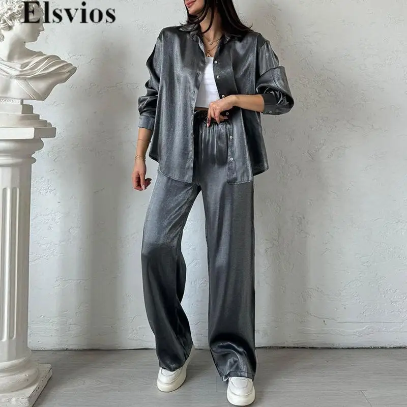 

Elegant Turn-down Collar Button Shirt Tops+ Long Pants Outfit 2024 Fashion Long Sleeve Commuter Set New Autumn Bright Party Suit