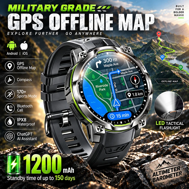 New All-Terrain Offline Map GPS Smart Watch Men 1200mAh Battery IPX8 Waterproof Compass Altimeter Flashlight Military Smartwatch