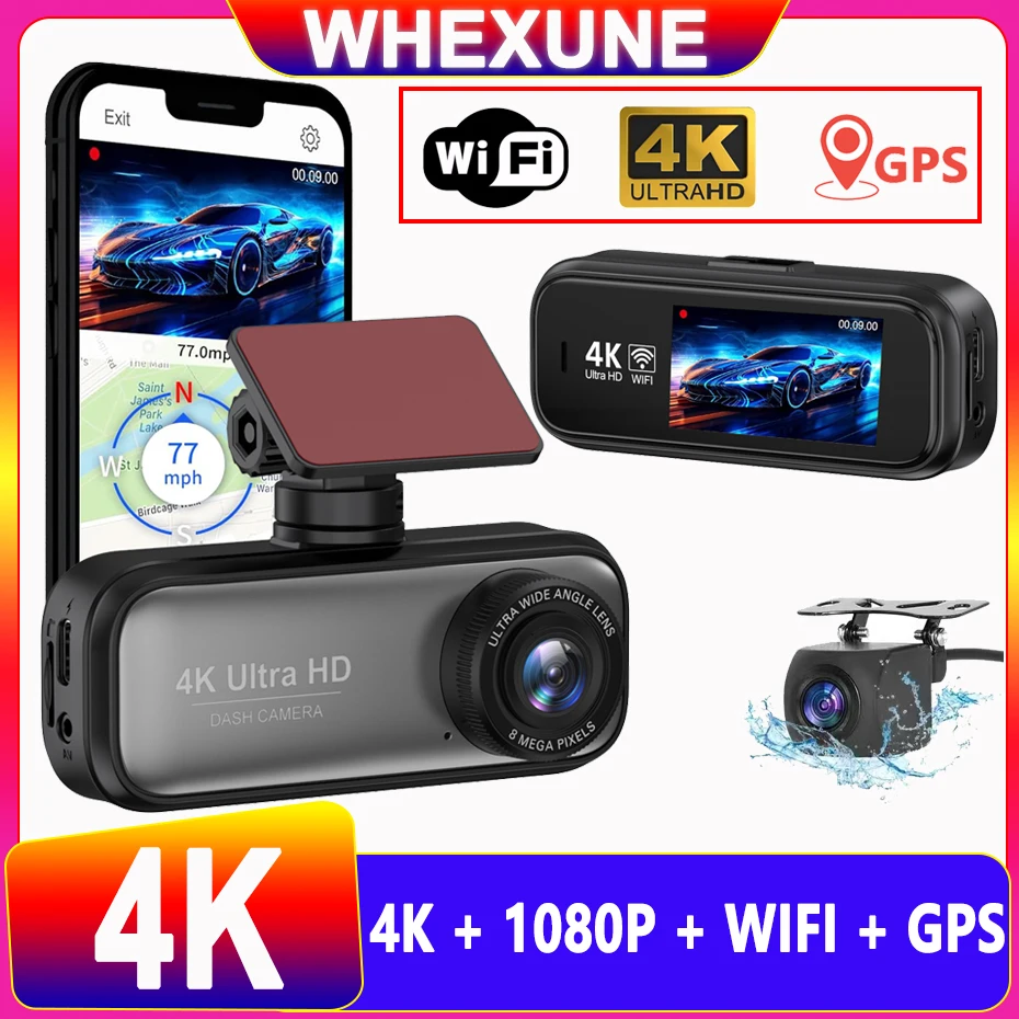 Dual Lens Dash Cam UHD 4K for Car Camera Night Vision With GPS WiFi 24h Parking Loop Record 4K Front and 1080P Rear