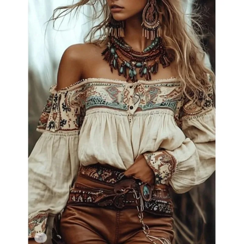 بوهو قبالة الكتف بلوزة المرأة 2025 جديد العرقية طباعة طويلة الأكمام تكدرت موضة عادية قميص الخريف الهبي نمط فضفاض صالح #5
