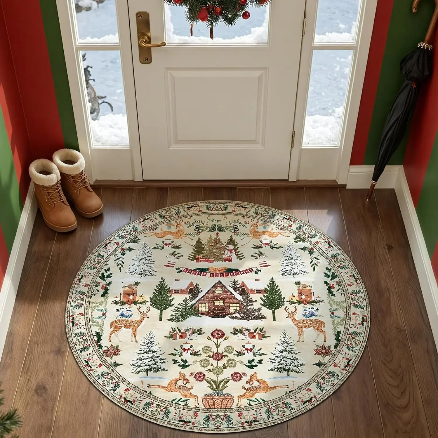 Christmas Village Pattern Carpet Set - Non Slip Door Mat for Home and Festival Decoration Christmas Tree Reindeer Printed Carpet