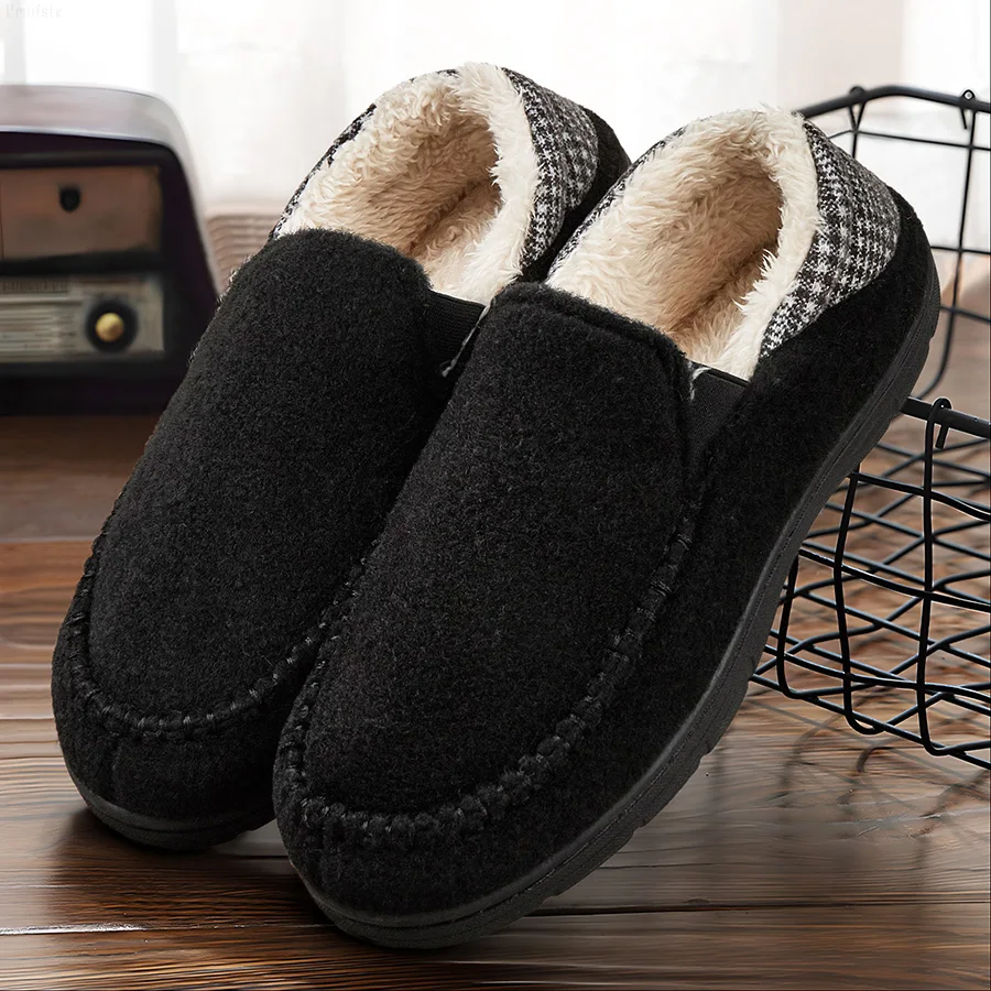 Men‘s House Slippers Solid Sewing Memory Foam Suede Warm Indoor Shoes Plush Soft Non-slip Winter Slippers Outdoor Large Size