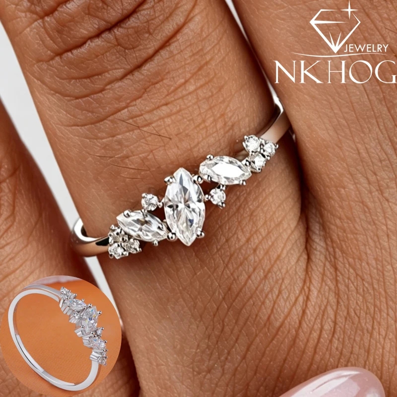 NKHOG Moissanite Rings for Women Marquise S925 Sterling Silver Wedding Ring Engagement Eternity Band Fine Jewelry Gift Certified
