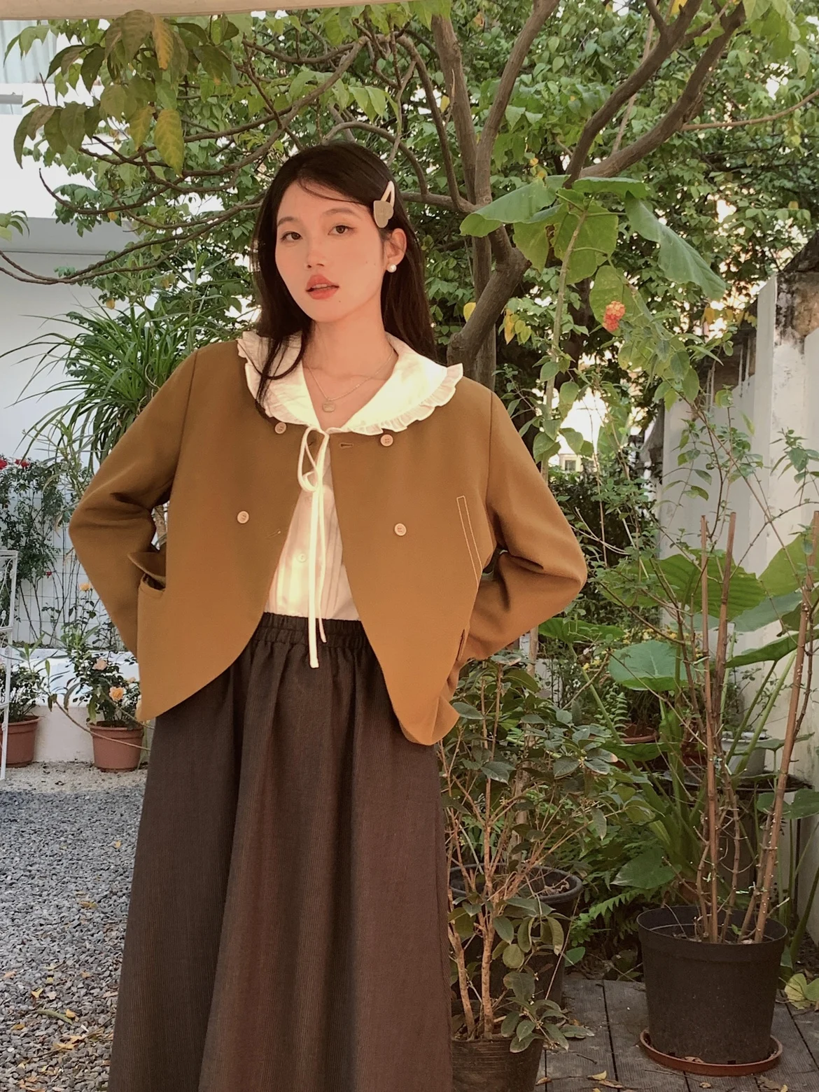 

Early Spring Mustard Yellow round Ne ort Length Suit Jaet LZoo Women's Commute Sle Pure Color Long Sve Regular Fit