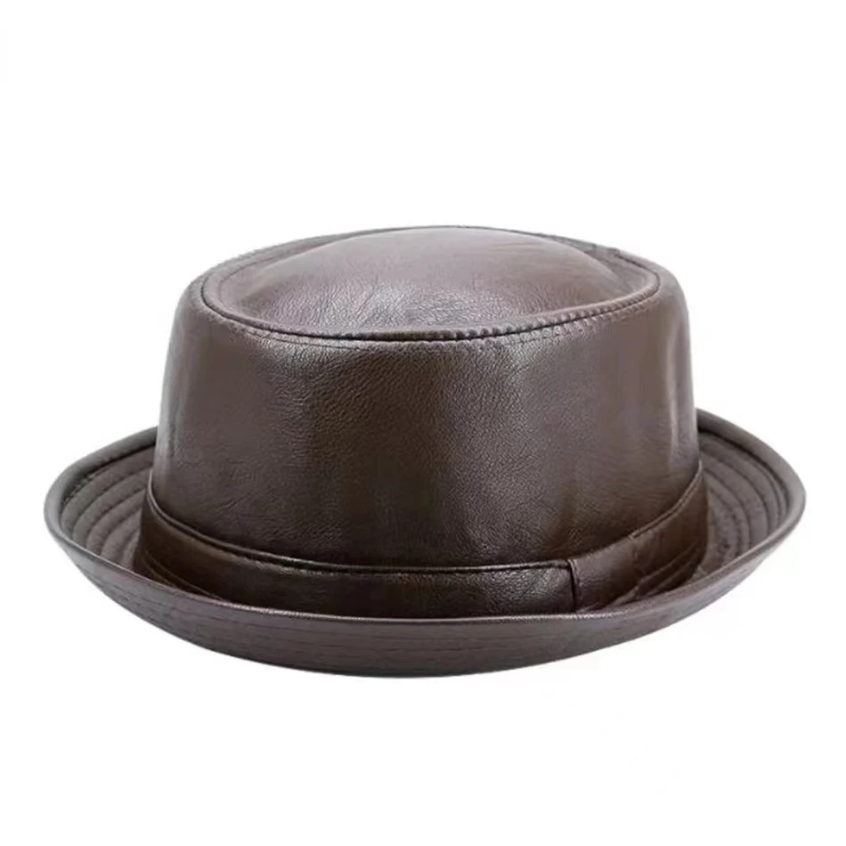 New Fashion Men Black Leather Trilby Hat Male Fedora Cap Retro Women Autumn Brand Porkpie Caps Men\'s Vintage Jazz Hats