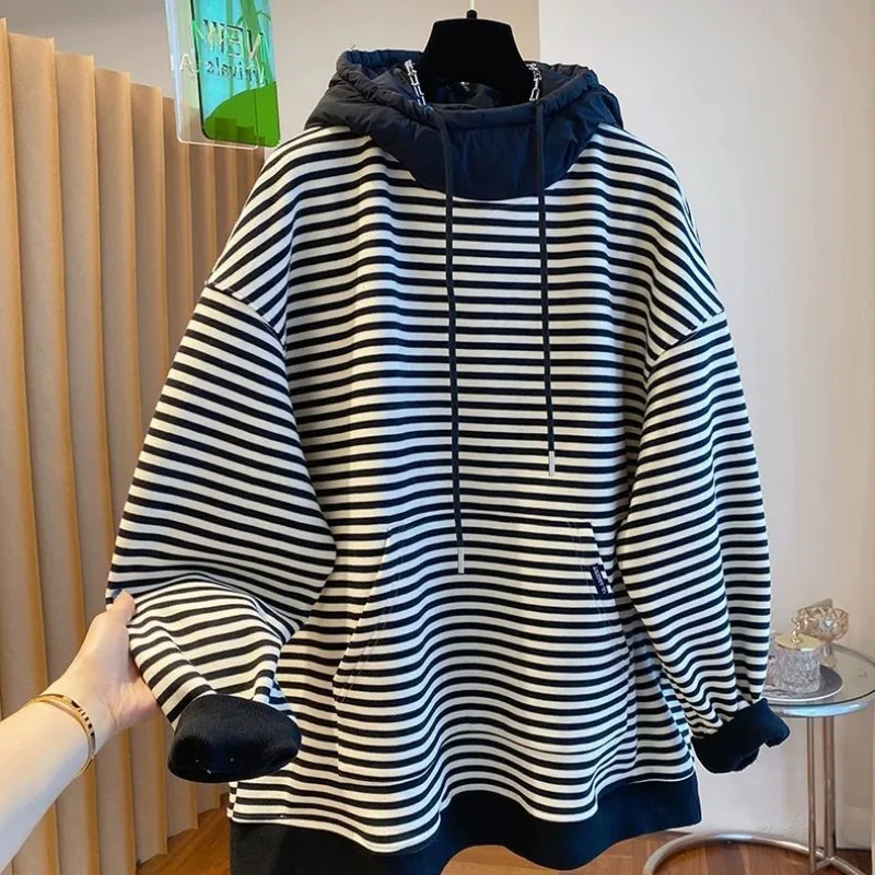 

Hooded Striped Sweatshirt Autumn and Winter New Style Loose Lazy Style Slimming Loose Top