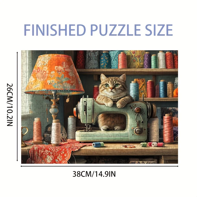 1000pcs Mini Sewing Machine Cat Jigsaw Puzzle - Charming White & Gray Cat with Floral Patterns, Recycled Cardboard, 37.85cm x