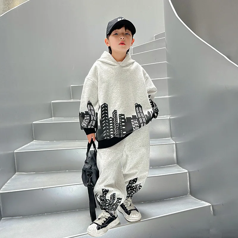 

Spring Autumn Boys Gray City Muscle Hoodie Coat+Sweatpant Workout Sets School Kids 2PCS Tracksuit Children Jogger Outfits 5-16Yr