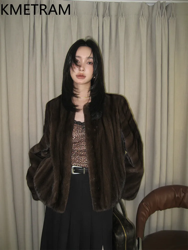 KMETRAM Natural Purple Label Velvet Whole Mink Fur Jacket Women O-Neck Short Winter Coats Real Fur Coat Woman Clothes 60cm 2026