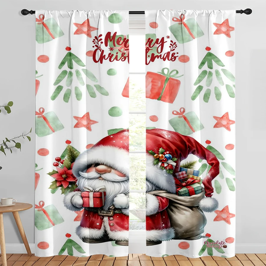 2PCS Digital Print Curtains, Cartoon Christmas Gnome with Gift Bag Tree Doodles Stars Merry Christmas, Cute Kawaii Illustration