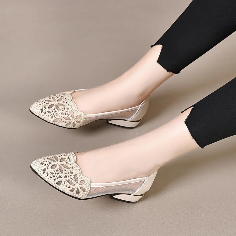 FHC 2024 Spring New Comfort Mesh Soft Shoes For Mum,Women Low Heels,Hollow Out,Pointed Toe,Slip On,Black,Gold,Beige,Dropship