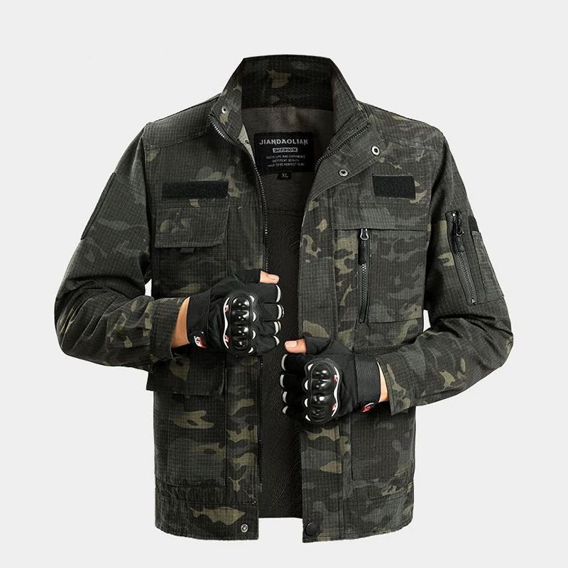 Fashion Outdoor Sports Men Work Suit Spring And Autumn Thin Waterproof Checker Large Pocket Antifouling Camouflage Suit