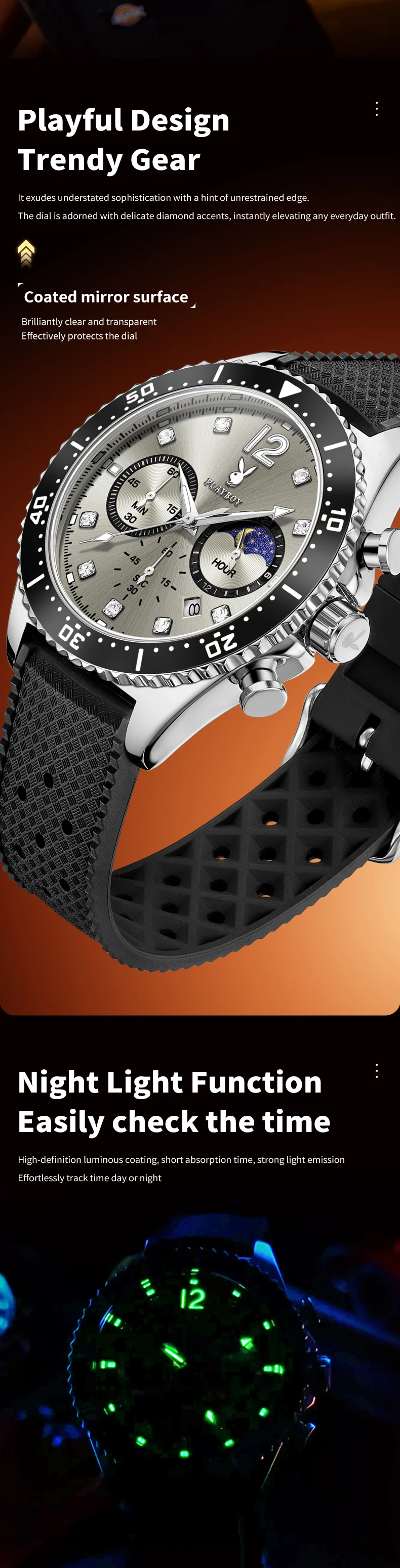 PLAYBOY 3515 Luxus Herrenuhr Mode Silikonarmband Chronograph Mondphase Herrenuhr Marken-Original Quarz-Armbanduhr für Männer – Detail 3