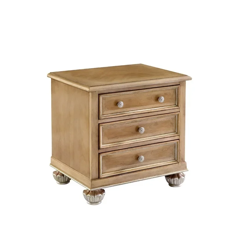 

American style solid wood carving flower three pumping bedside table edge few all solid logs Nordic solid wood bedside storage