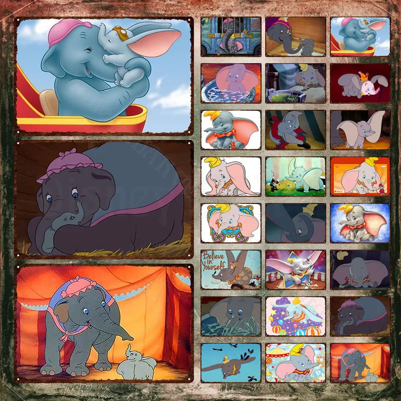 Disney Metal Signs Dumbo Metal Poster Cartoon Cute Flying Elephant Tin Signs Tin Paintings Wall Art Stickers Home Decoration