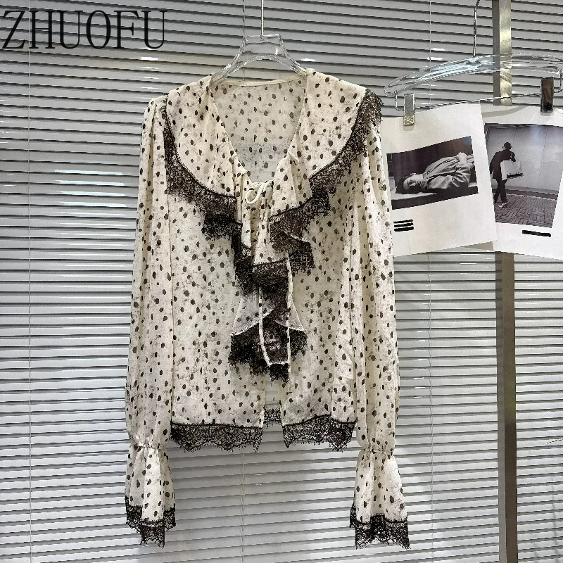 French Women's Lotus Leaf Collar Lace Edge Polka Dot Pattern Chiffon Shirt Sweet Loose Versatile Long-sleeved Shirt Autumn New