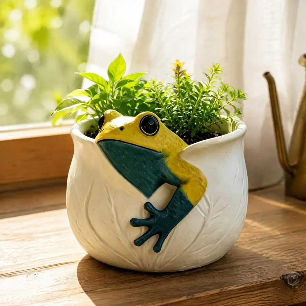 Cute Planter for Home Office 3d Frog Planter Pot Cute Resin Flowerpot with Leaf Vein Textures Decorative for Indoor for Indoor