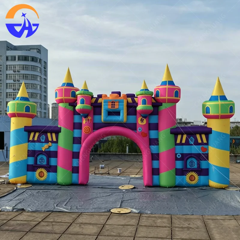 Colorful Inflatable Castle Archway Entrance Gate Giant Candy Theme Jumping House Front Decor for Kids Party and Playground