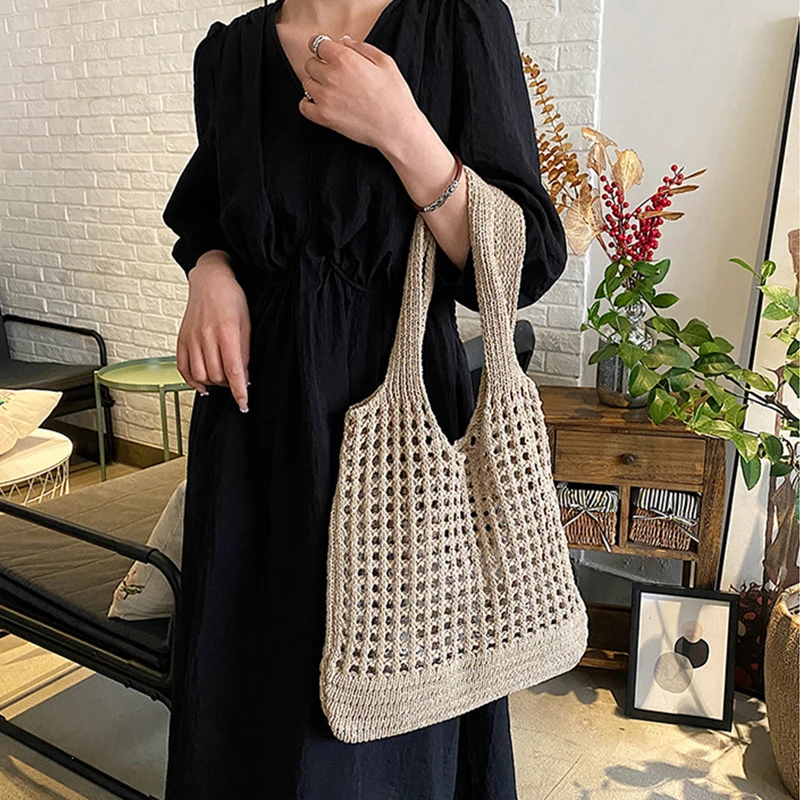 Vintage Hohl Design Gewebt Frauen Schulter Tasche Stricken Große Kapazität Handtaschen Sommer Reise Shopper Tote Für Damen Strand Taschen – Detail 10