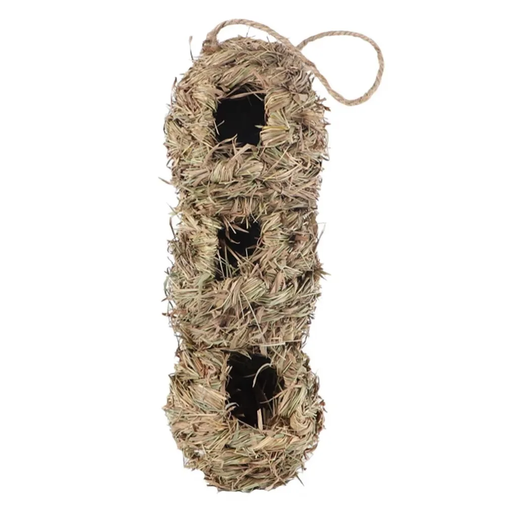 Natural Straw Hanging Bird Nest Three-Opening Structure Hanging Loop Straw Birdhouse Natural Appearance Handwoven Style