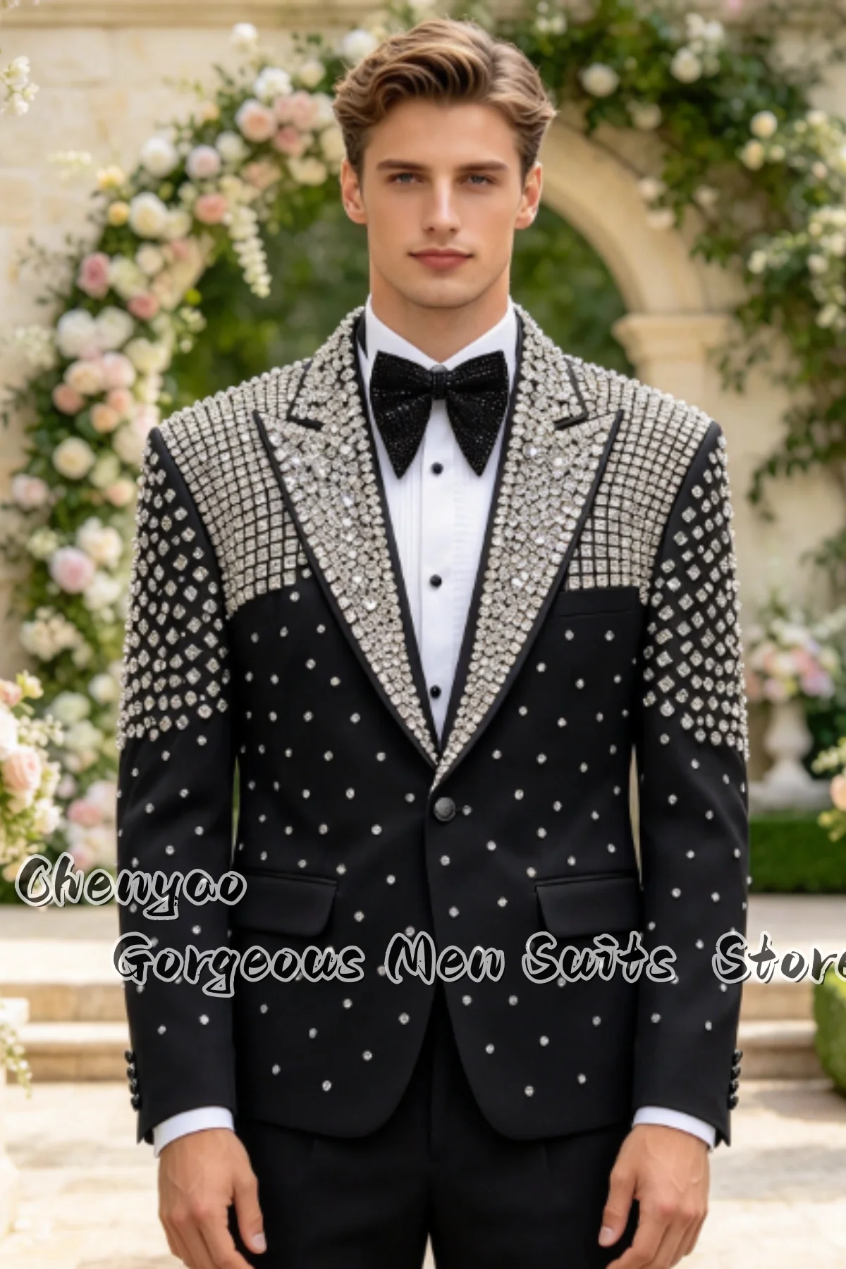 Luxury Rhinestone Peak Lapel Blazer Customized Men Suits Slim Groom Wedding Party Tuxedos  Formal Gorgeous Blazers 2 Piece Sets