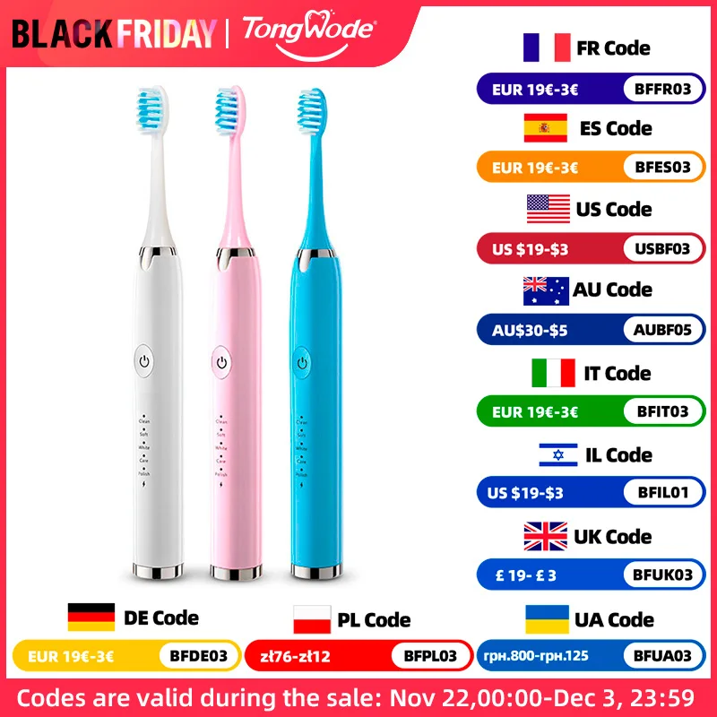 Tongwode Electric Sonic Toothbrush USB Rechargeable Waterproof Electronic Ultrasonic Whitening Tooth Brushes Replacement Heads