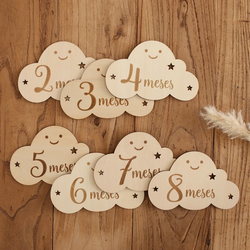 Spanish Alphabet Baby  Wooden Milestone Number Month Memorial Cards Items Cute Cloud Shape Newborn Photography Accessories Props