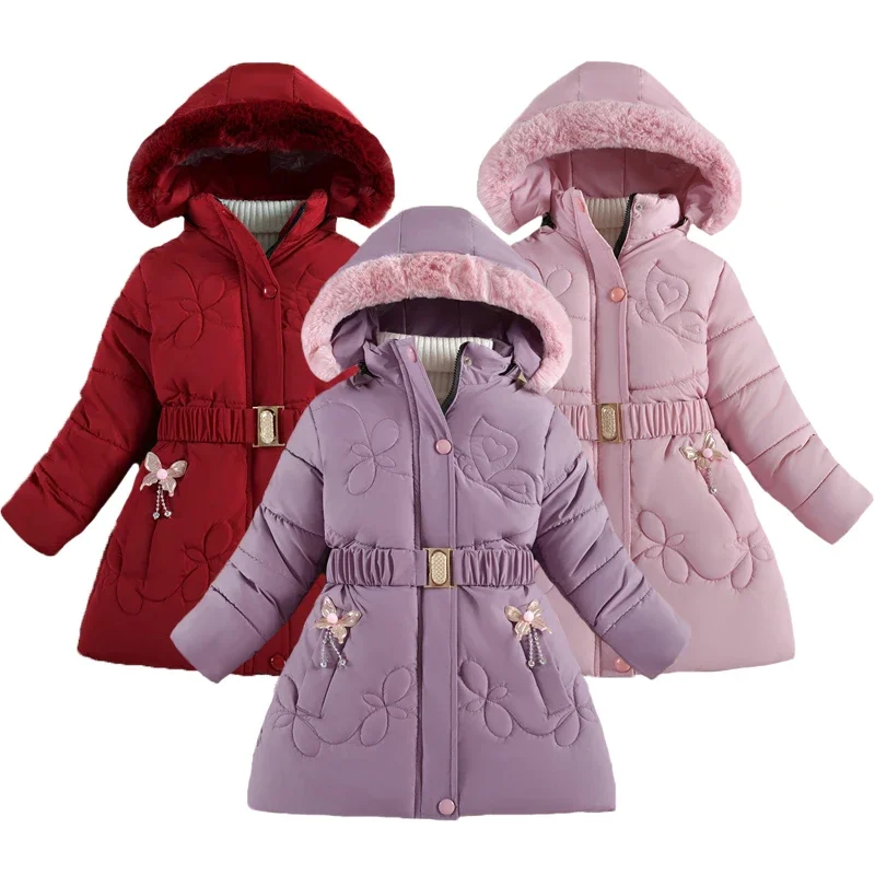 

Winter New Plush Girls Jacket Long Solid Color Cartoon Butterfly Print Hooded Coat For 4-10Y Teen Girls Thick Warm Down Snowsuit