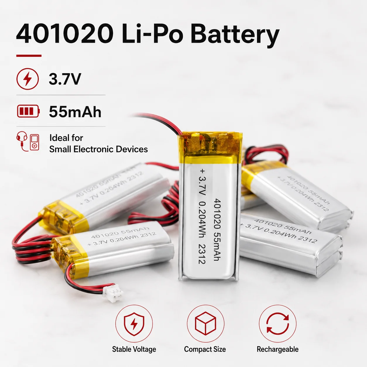 3.7V 401020 55mAh High Capacity LiPo Battery Rechargeable Lithium Cell for Mini Electronic Devices Bluetooth Audio Watch