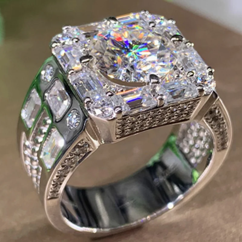 Big Hip Hop Style Rhinestone Men\'s Ring Square Ring Silver Color Pave Setting CZ Wedding Engagement Rings Top Quality