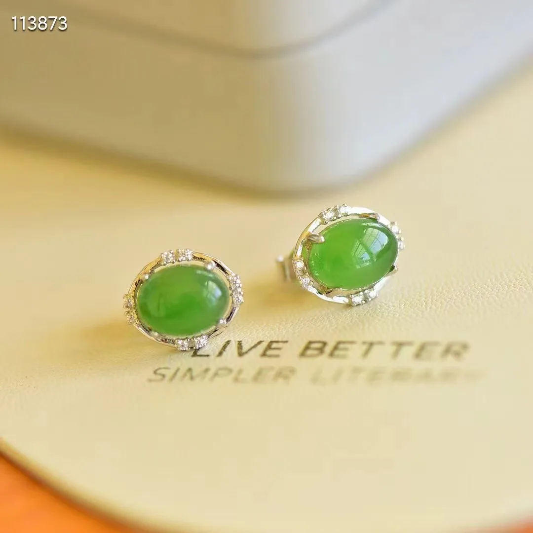 

Natural 100% real 925 sterling silver Earrings mosaic green hetian jade oval beads fashion temperament women earrings gift