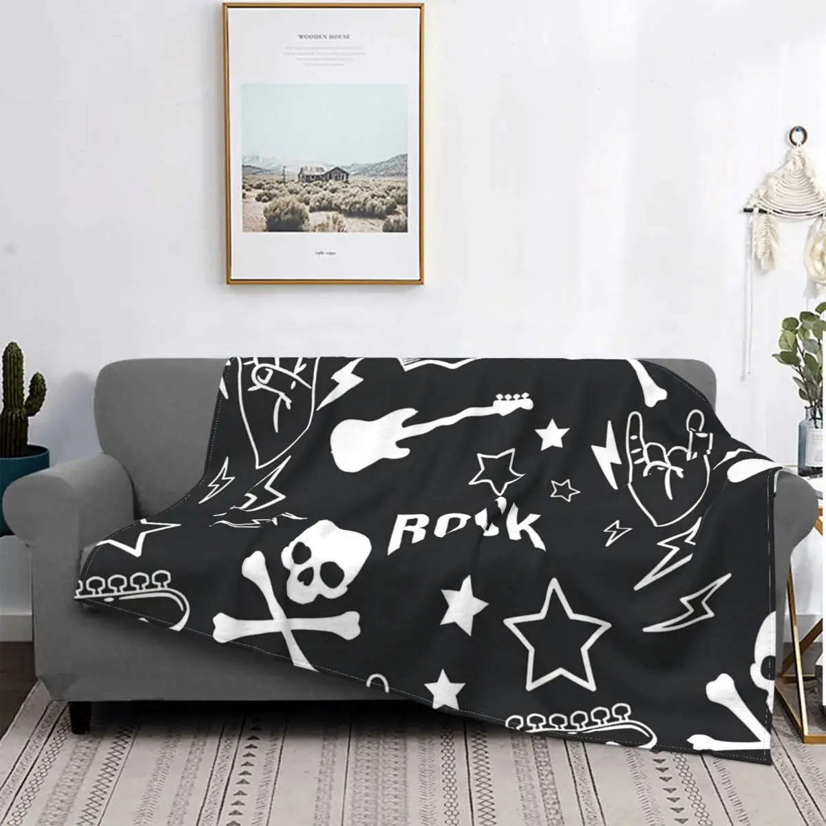 Rocker Rock Music Pattern Reusable Blanket Black Metal Flannel Spring Autumn Breathable Thin Throw Blankets For bed Bedspread