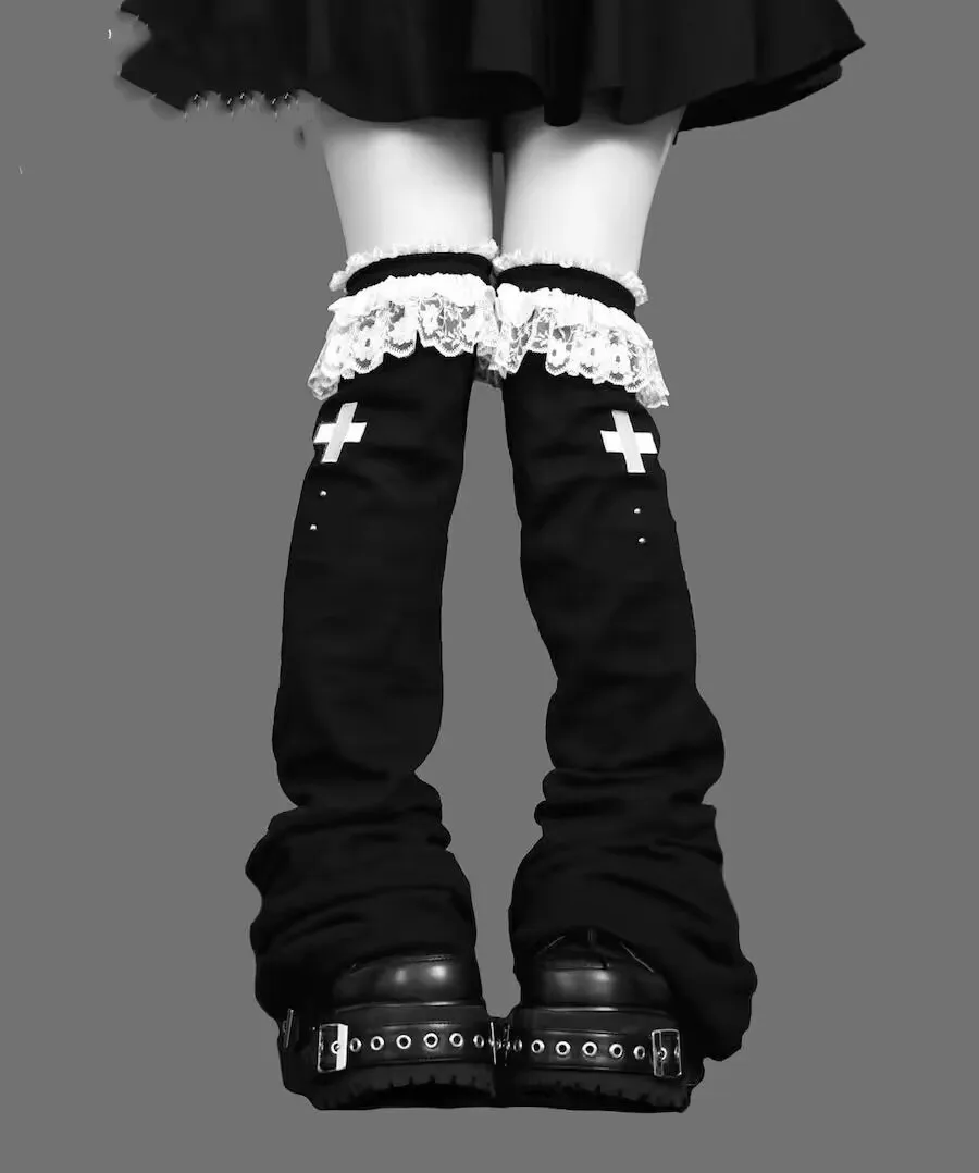 Harajuku Gothic Lolita Women Lace Knee Length Flare Pile Leg Socks Kawaii Leg Warmers Leg Cover Boots Socks Y2k Accessories