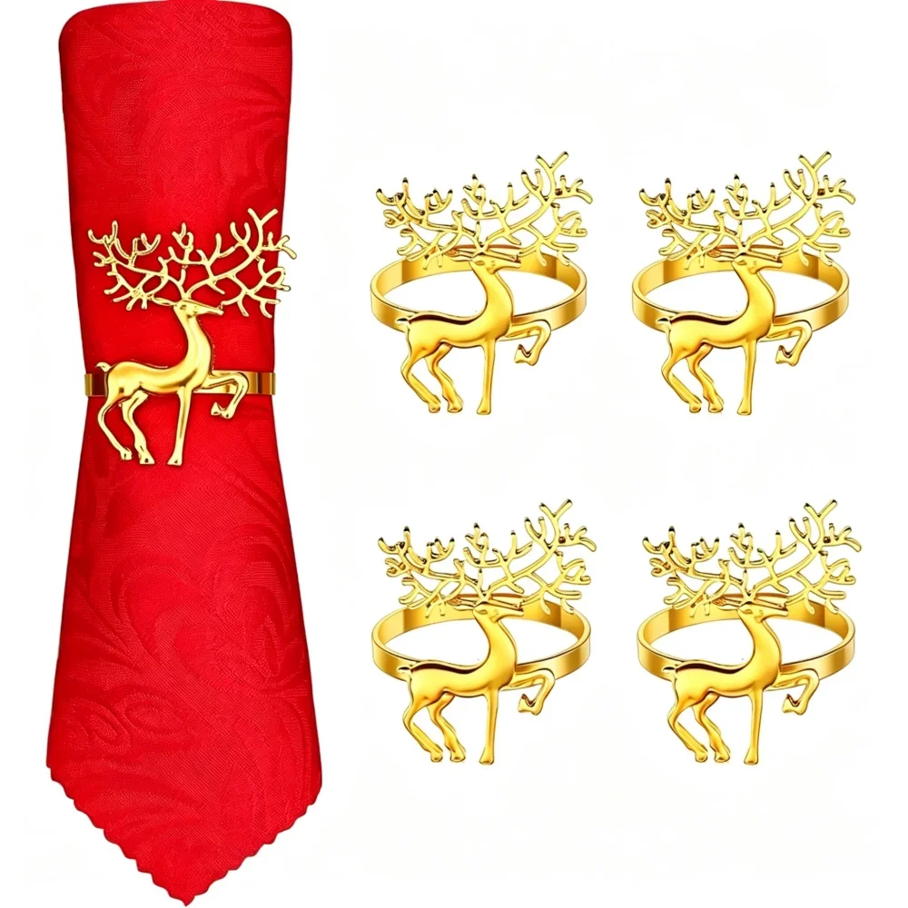 1/4Pc Reindeer Napkin Rings Set Vintage Metal Christmas Napkin Holders Elegant Holiday Dinner Party Table Decor Party Favors