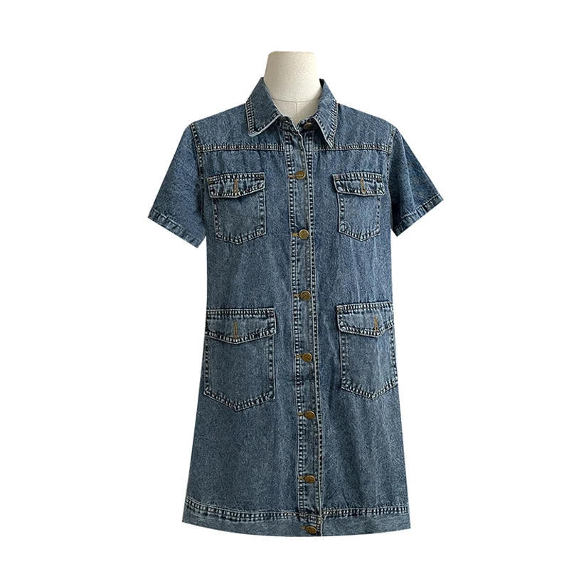 Dames denim shirtjurken 2023 zomer nieuwe retro jurk met enkele rij knopen en korte mouwen losse casual mode zakkenjurk