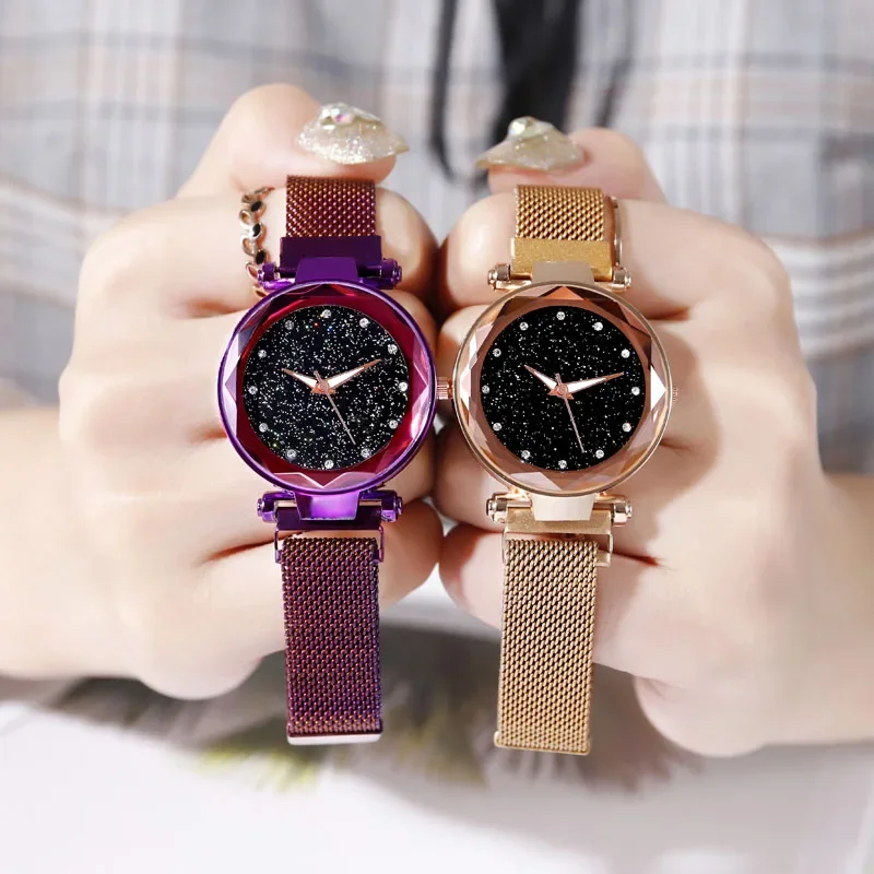 Reloj de cielo estrellado para mujer, pulsera elegante con hebilla magnética, Vibrato de oro púrpura, relojes de lujo