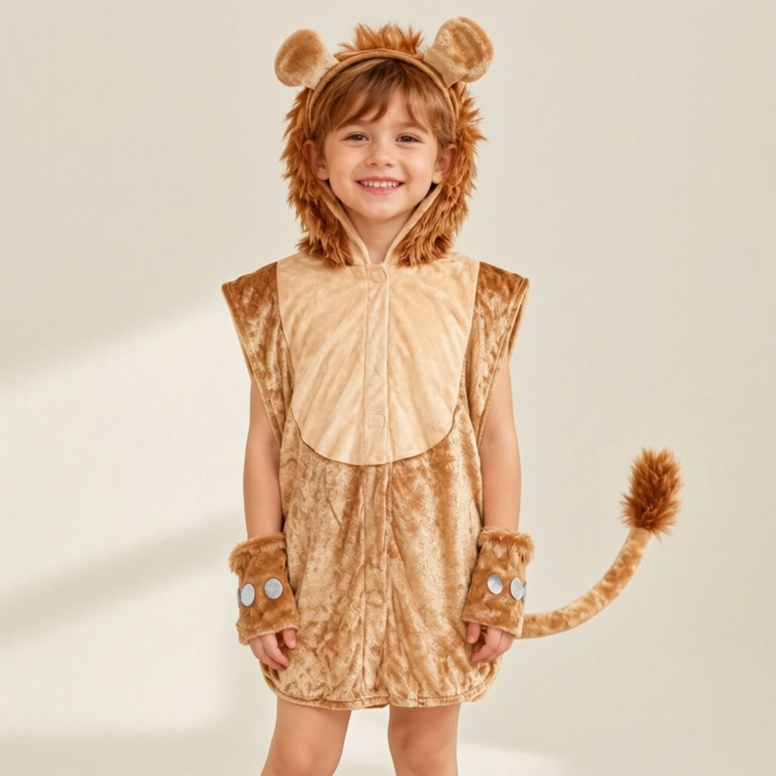Lion Costume Set with Tail and Gloves Sleeveless Lion Costume with Ear Headband Children Aged 4-6, Halloween, Trick-or-Treating