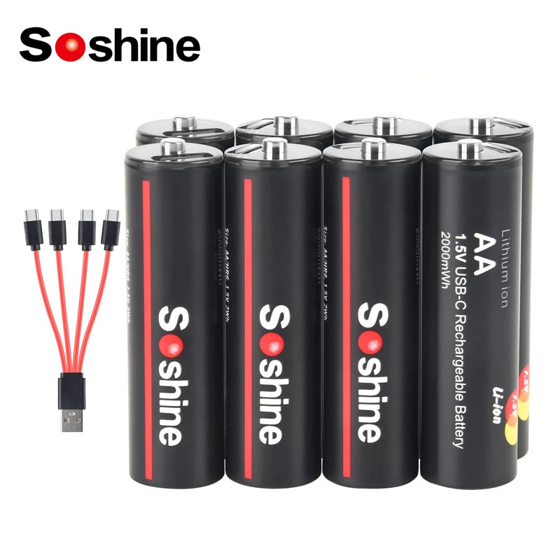 Soshine 1.5v USB AA Li-ion Rechargeable Battery 2000mWh Aa Battery Lithium Charging Battery for Toy Mouse Keyboard+ Type-C Cable