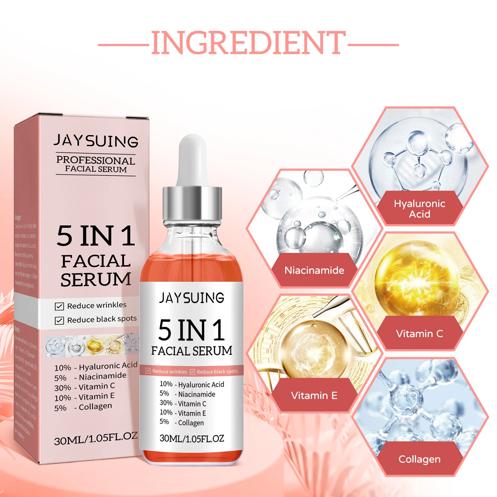 Jaysuing 5 In 1 Facial Serum, Contains Hyaluronic Acid, Collagen, Niacinamide, Vitamin C & E, For Anti Wrinkle,Fade Spots(30ml)