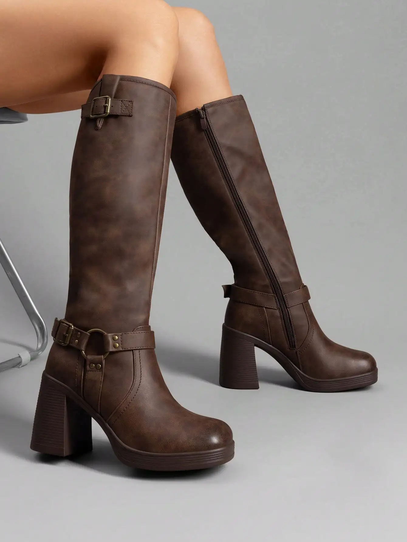 Women's Chunky Heel Platform Knee-High Boots Square Toe Side Zipper Adjustable Straps Buckle Decorated Motorcycle Riding Boots Brown Boots