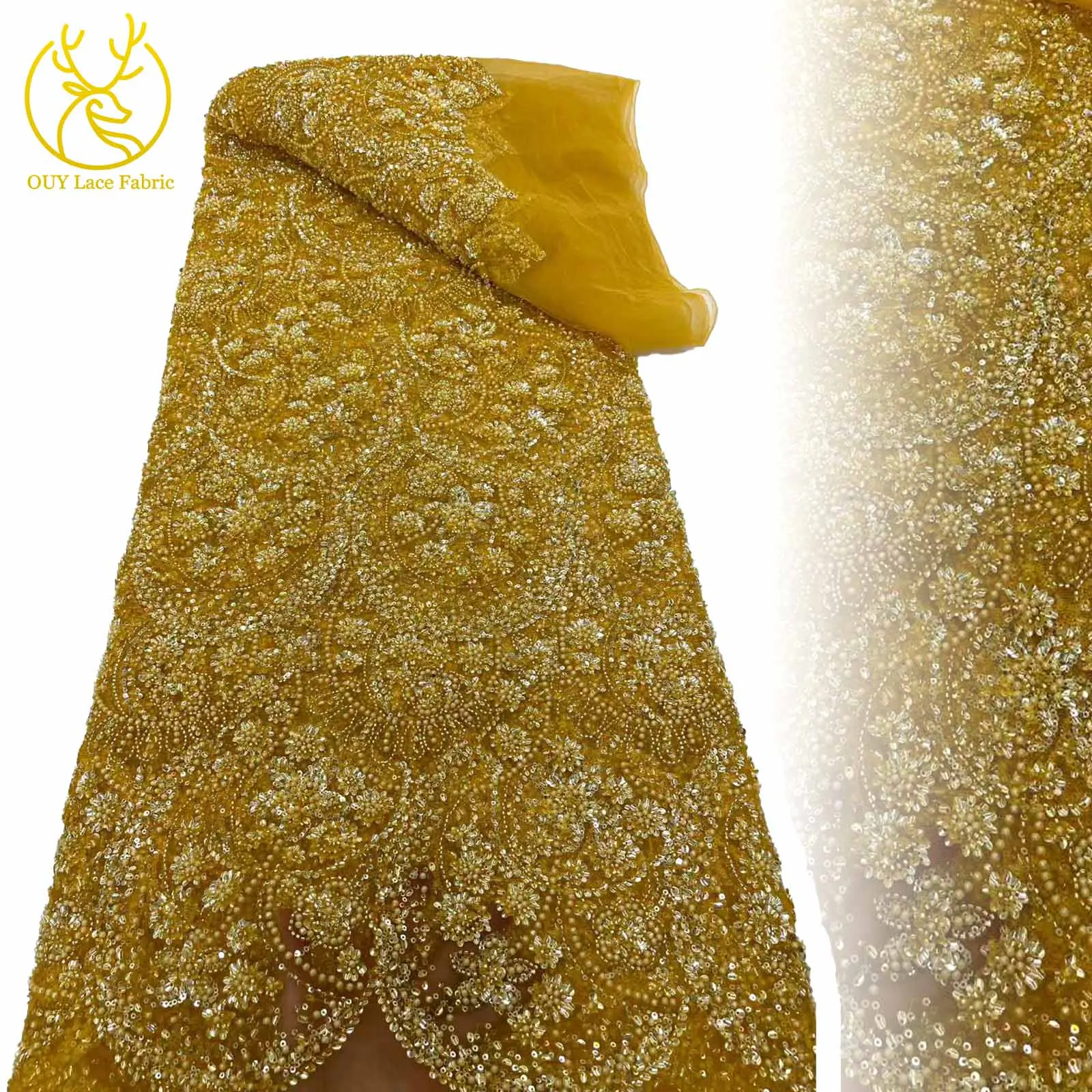 

2025 Luxurious And Exquisite High-End New Design Fabrics African Beaded Sequins Mesh Lace Fabrics For Women's Wedding Dresses