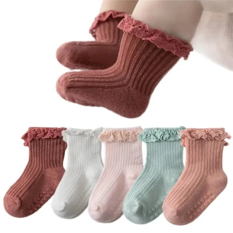 Baby Girl Sweet Lace Socks Anti Slip Adhesive Point Solid Color Cotton Infant Girls Sock Breathable Kids Girls Floor Socks