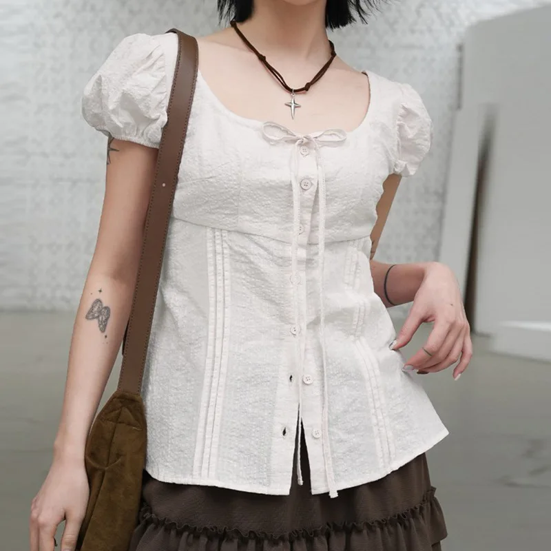 

Zeyla Sweet Preppy Стиль Белая Рубашка Женская Винтажная Тонкая Пышная Блузка С Коротким Рукавом Повседневная Элегантная Французская Шнуровка Летние Женские Топы