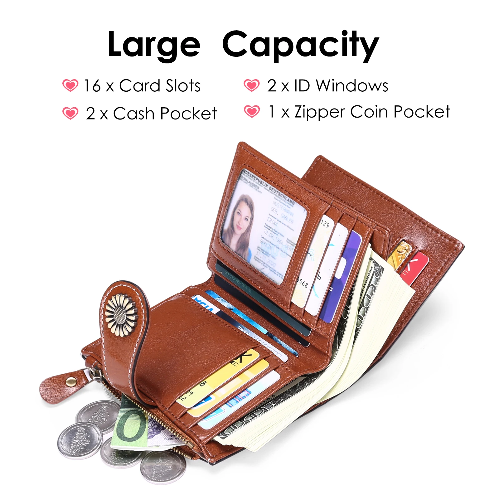 Vintage Women Genuine Oil‑Wax Cow Leather Wallet RFID Blocking 16 Card Slots Daisy Buckle Short Purse With Zipper Coin Pocket