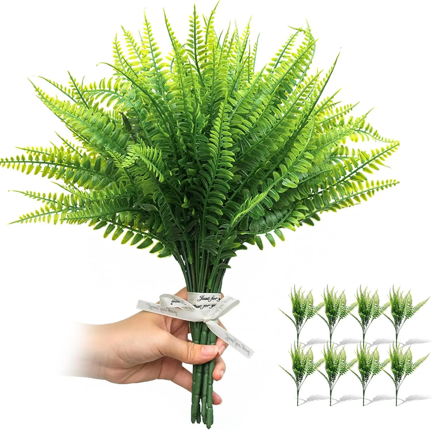 

Artificial Boston Ferns Fake Plants Greenery Stems and Leaves, UV Resistant Plant Bulk for Porch Hanging Planter Window Decor