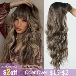 Brown Wig With Bangs Long Wavy Brown Mixed Blonde Highlight Wig with Dark Roots Ombre Natural Curly Synthetic Wig Heat Resistant