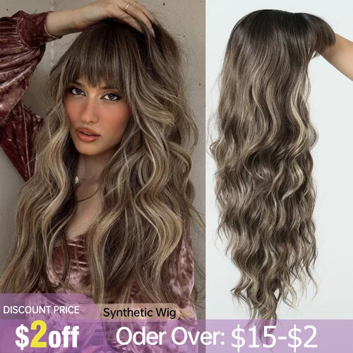 Peluca marrón con flequillo, peluca larga ondulada marrón mezclada rubia resaltada con raíces oscuras, peluca sintética rizada Natural ombré resistente al calor